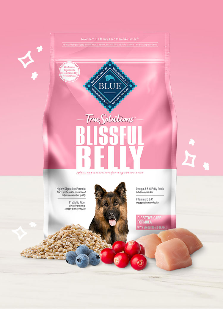 bag of True Solutions Blissful Belly dry dog food with ingredients