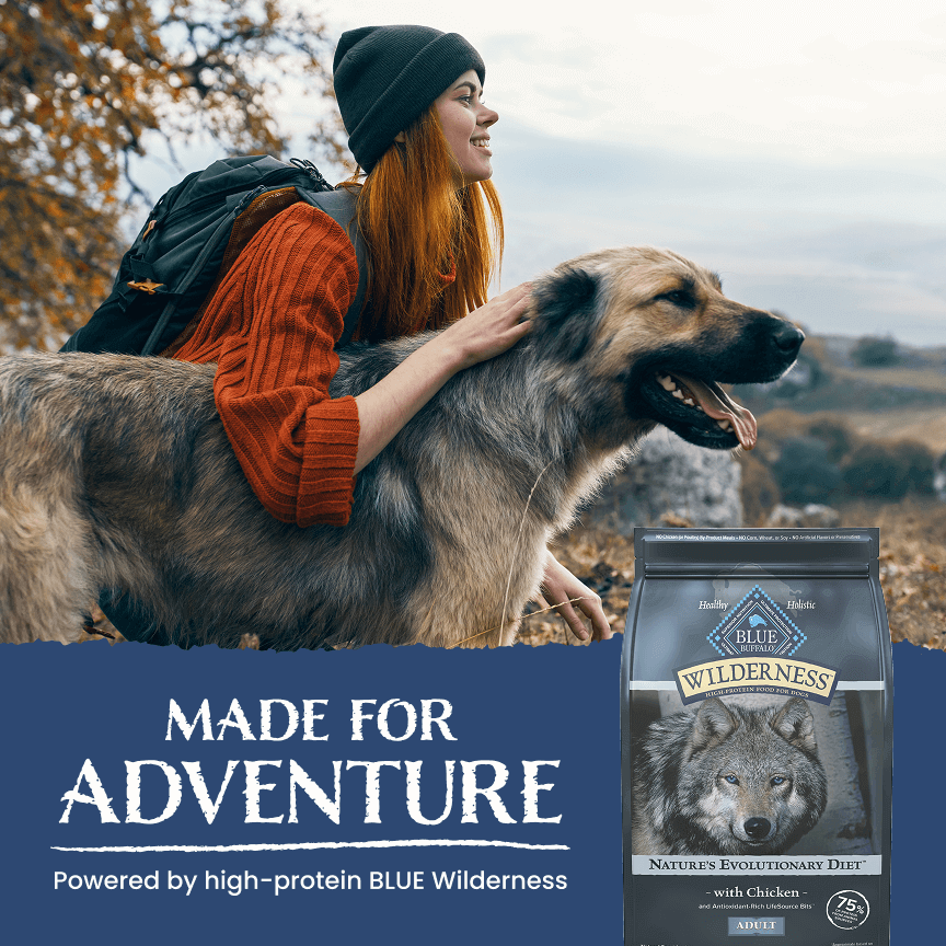 A woman in a beanie and her dog are enjoying the view on a hike. A bag of Wilderness dog food is in the bottom right corner.
