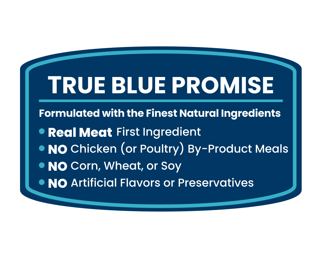 TRUE BLUE PROMISE label listing real meat first and no poultry by-products, corn, wheat, soy, or artificial flavors or preservatives