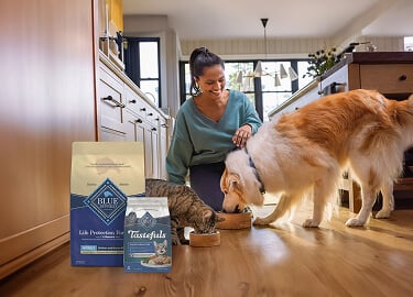 A woman feeds her cat and dog in the kitchen with pet food packaging in the foreground.