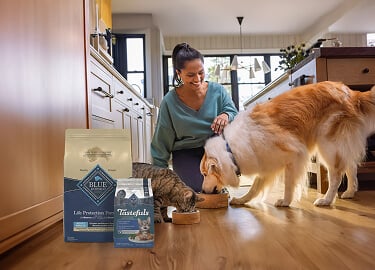 A woman kneels in a kitchen as her dog and cat eat near bags of pet food.