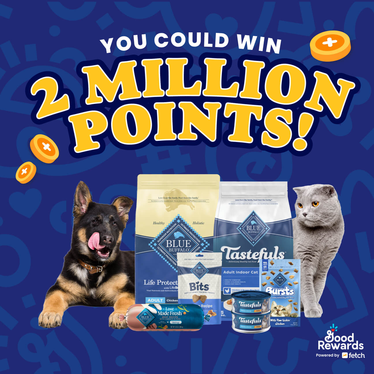 A German Shepherd puppy licking its mouth and a gray cat are next to various bags, rolls, and cans of BLUE pet food and treats.