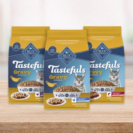 Three bags of BLUE Tastefuls Gravy dry cat food are on a wooden counter.