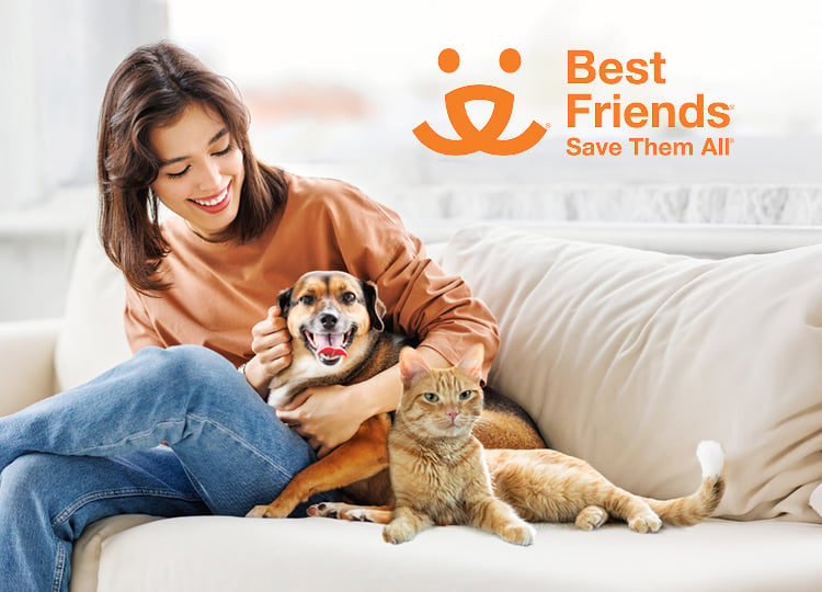Brunette woman holding medium sized dog on couch and orange cat sitting nearby with the Best Friends Animal Society logo