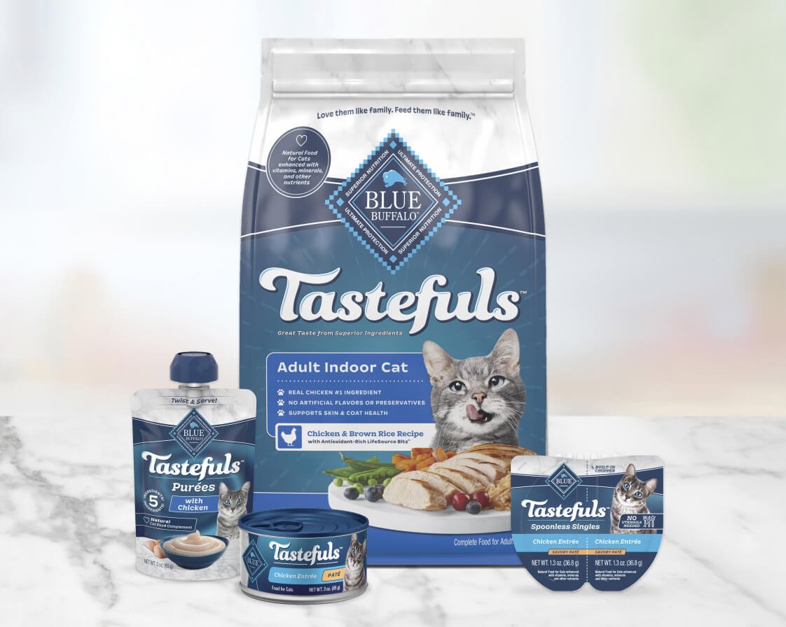 Blue Buffalo Tastefuls cat food products including dry food, wet food, purees, and singles.