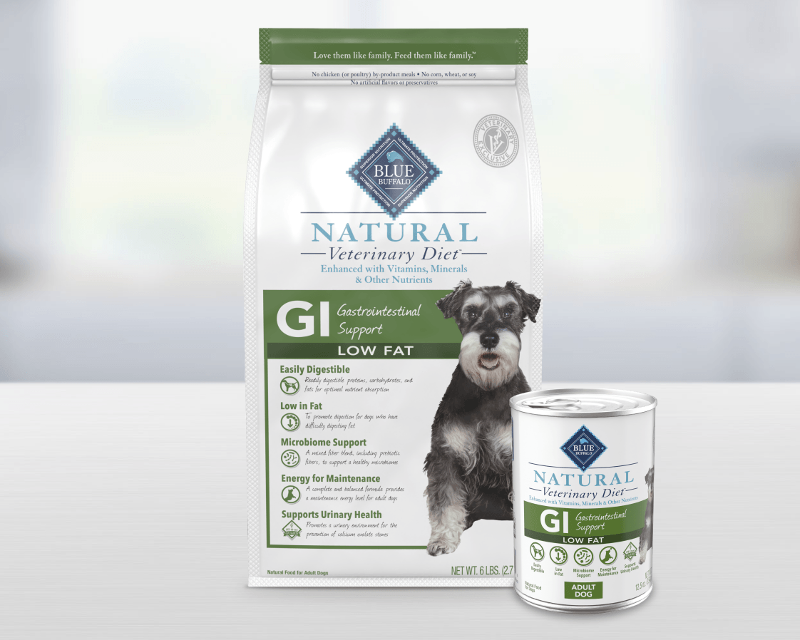 Blue Buffalo Natural Veterinary Diet GI Gastrointestinal Support Low Fat dog food bag and matching canned food