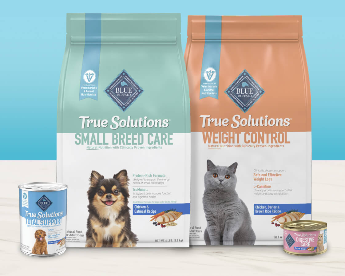 BLUE True Solutions™ pet food bags and cans