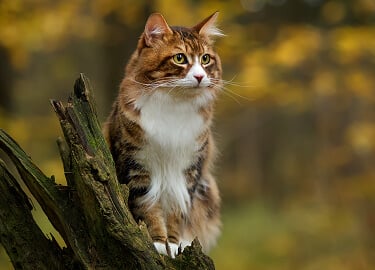 A fluffy brown cat with attentive green eyes is sitting on a mossy log outside.