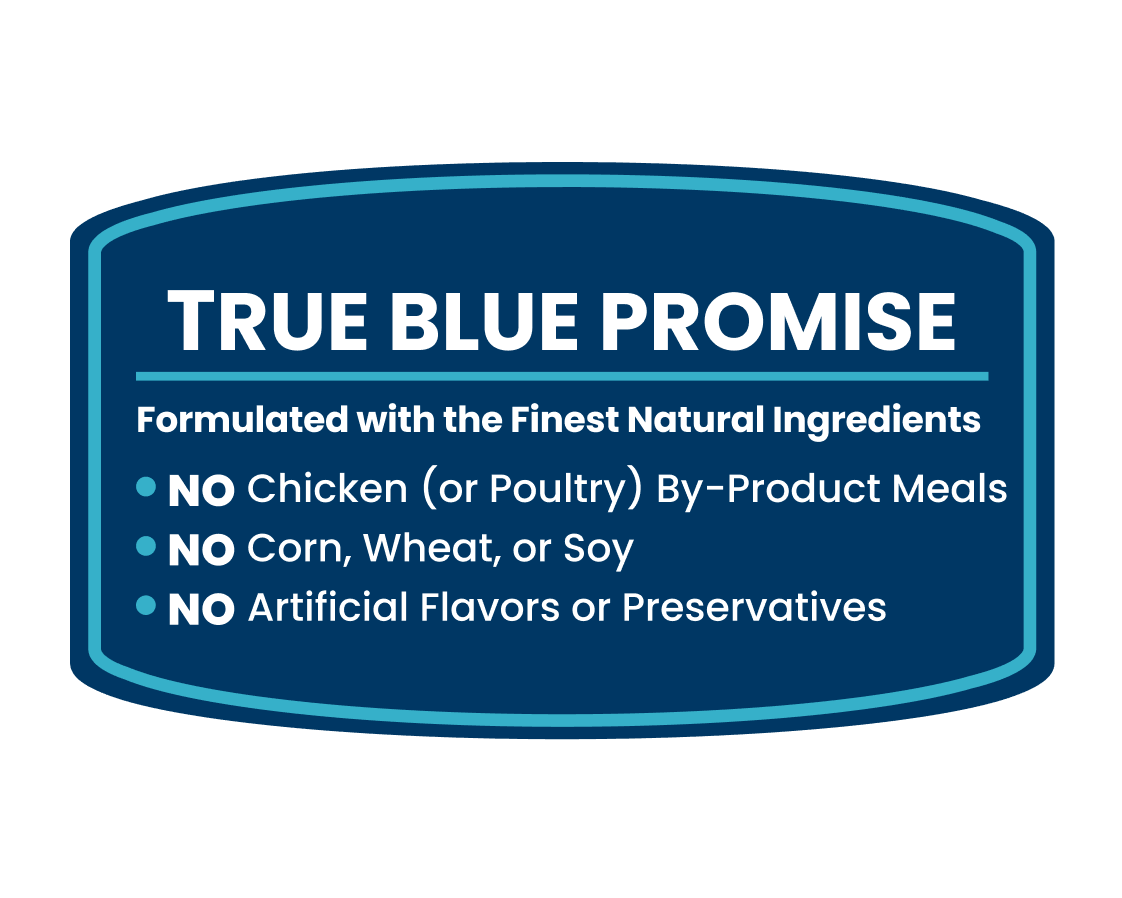 TRUE BLUE PROMISE label listing no chicken or poultry by-product meals, no corn, wheat or soy, and no artificial flavors or preservatives