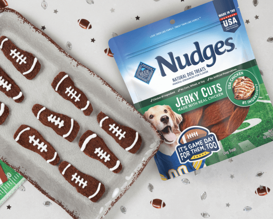 Blue Buffalo Nudges Jerky Cuts dog treats bag, chicken flavor, beside football-shaped treats on a baking sheet