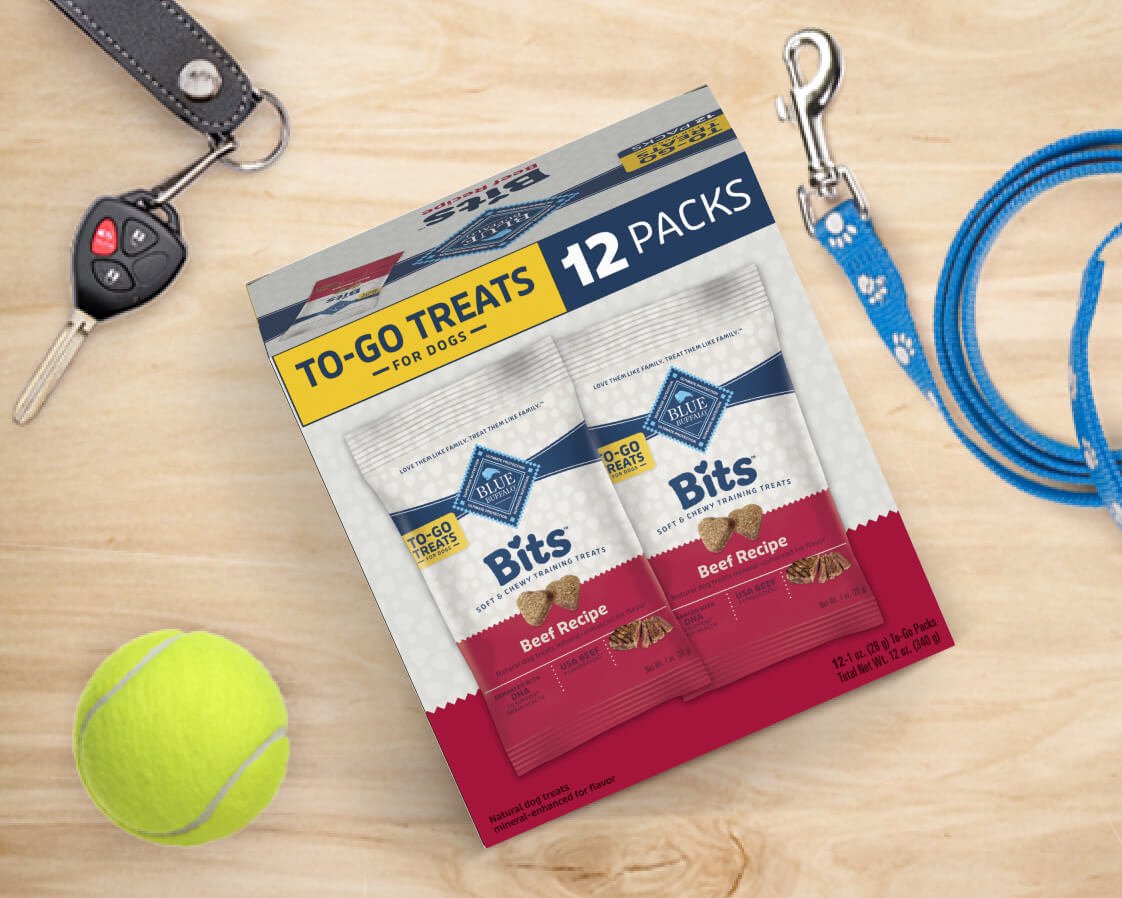 Blue Buffalo Dog Treats 12 pack: A bundle of 12 delicious and nutritious Blue Buffalo Bits Beef Recipe dog treats from Blue Buffalo. Perfect for your furry friend's snacking needs.