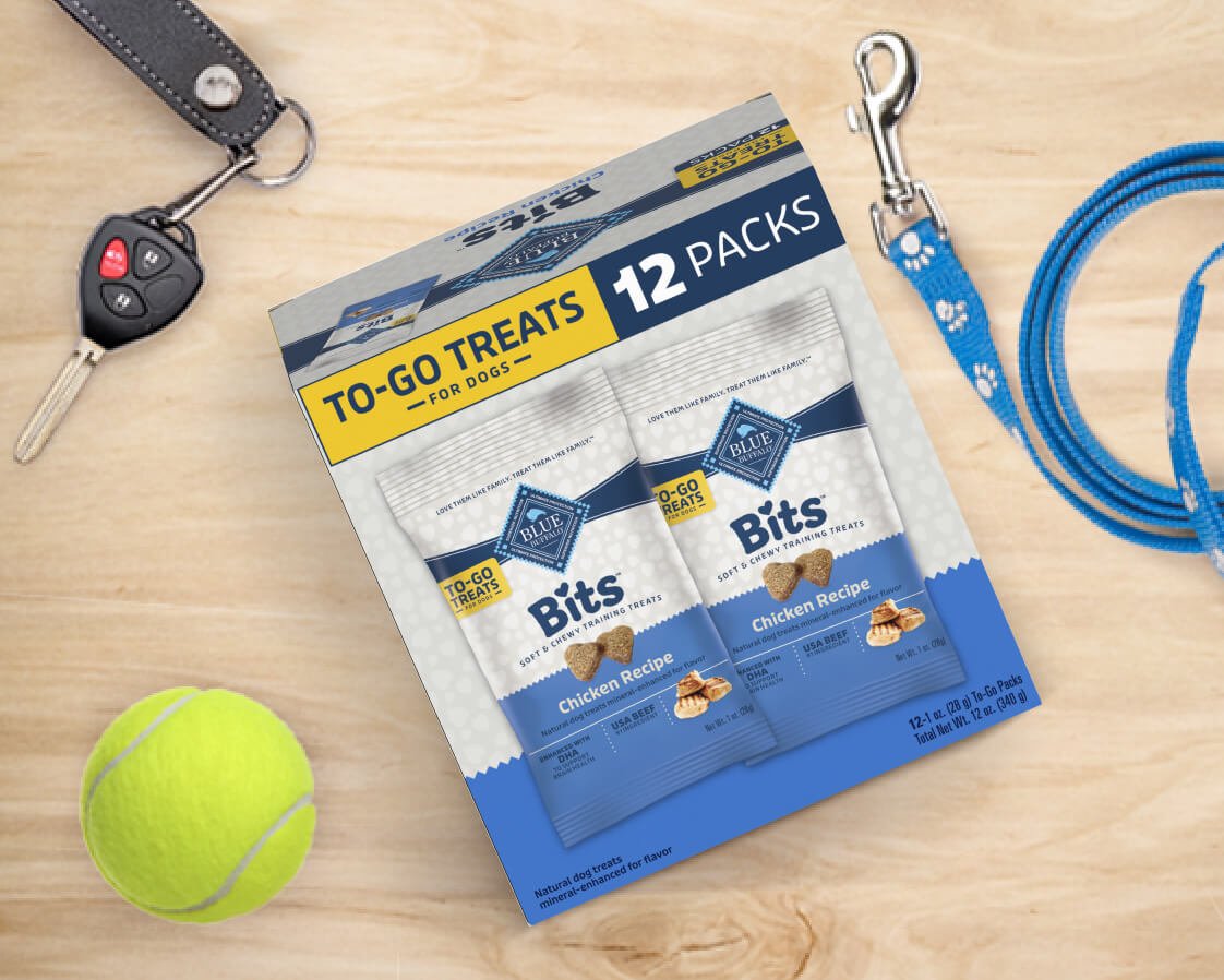 Blue Buffalo Dog Treats 12 pack: A bundle of 12 delicious and nutritious Blue Buffalo Bits Chicken Recipe dog treats from Blue Buffalo. Perfect for your furry friend's snacking needs.