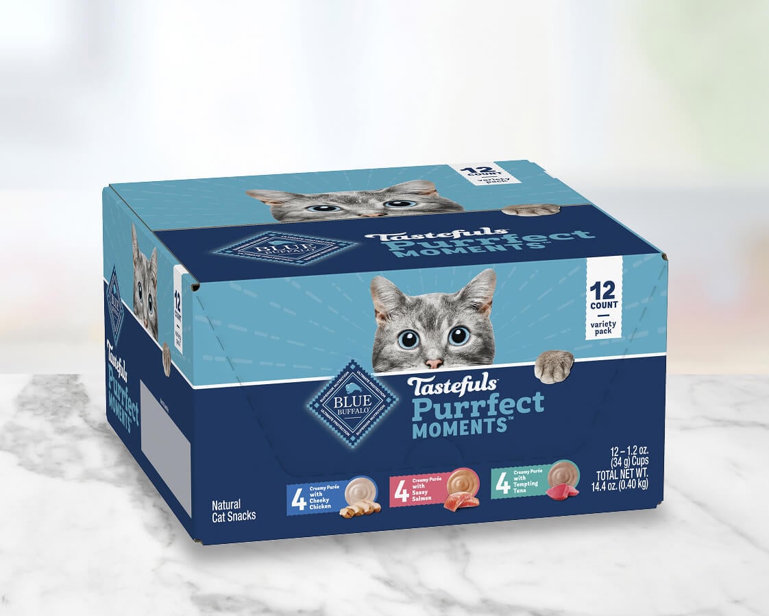 Blue Buffalo Tastefuls Purrfect Moments variety pack box with gray cat face and 12-count natural cat snacks