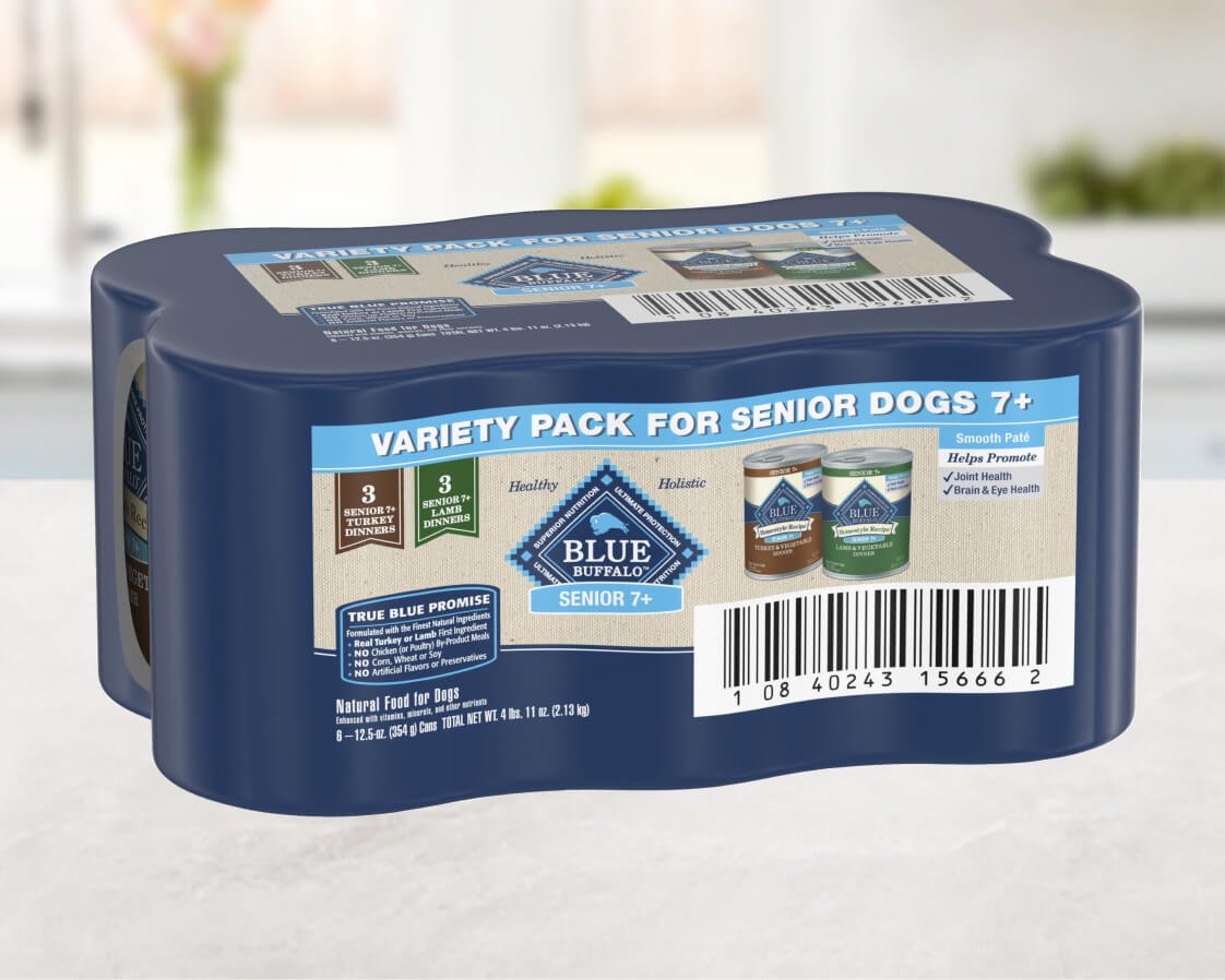 A multipack of BLUE Homestyle Recipe features two different types of senior dog food. 
