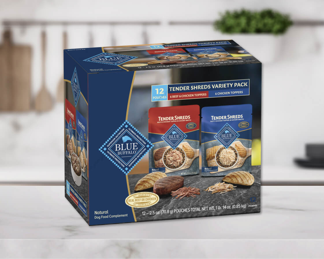 BLUE Tender Shreds Variety Pack: Beef and Chicken Topper in Savory Broth