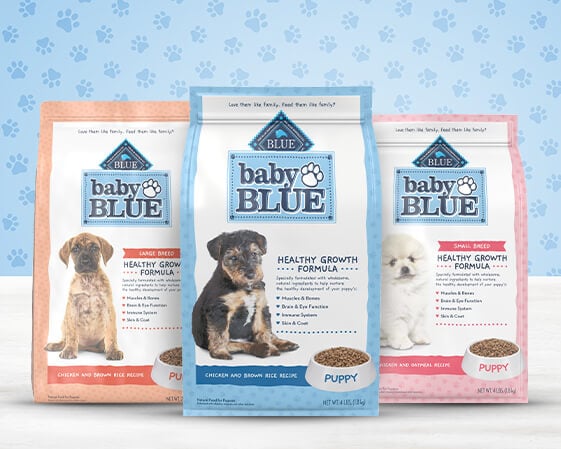 bags of baby blue dry dog food for puppies