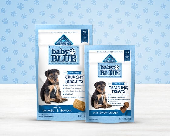 bags of baby blue dog treats for puppies