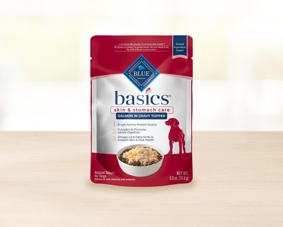 One pack of BLUE Basics Salmon in Gravy Dog Food Topper