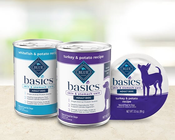 cans of blue basics wet dog food