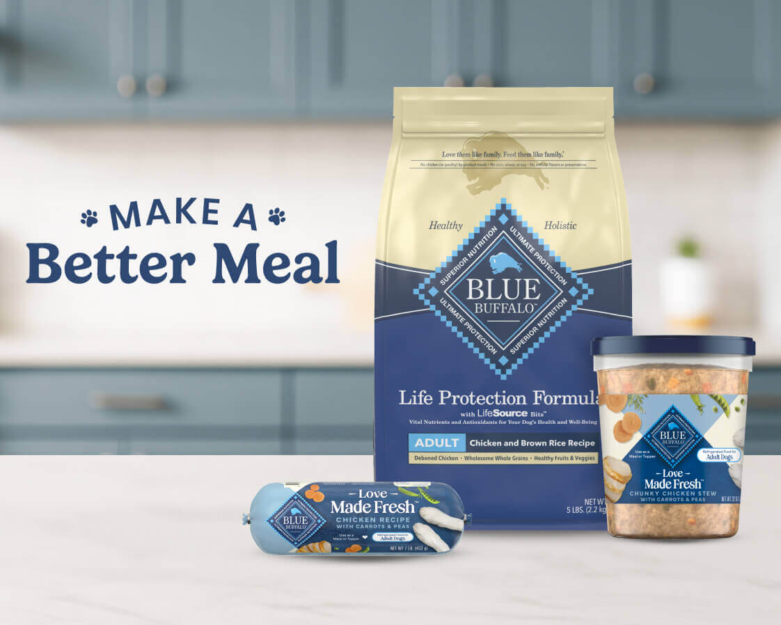 Blue Buffalo dog food products with 'Make a Better Meal' text in background