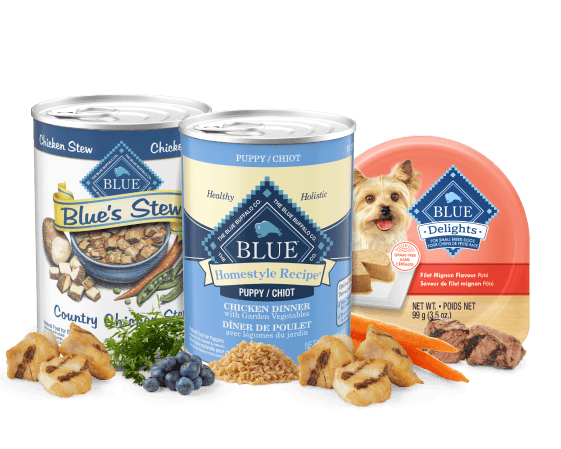 Blue Buffalo wet dog food: Blue’s Stew Country Chicken Stew can, BLUE Homestyle Recipe Puppy Chicken Dinner can, BLUE Delights tray