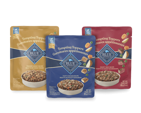 Three Blue Buffalo Tempting Toppers pouches: Tender Turkey, Tasty Chicken, and Hearty Beef recipes, 85 g (3 oz) each