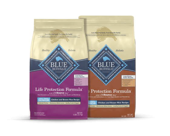 Two Blue Buffalo Life Protection Formula Senior dog food bags, Chicken and Brown Rice Recipe; small breed and large breed versions