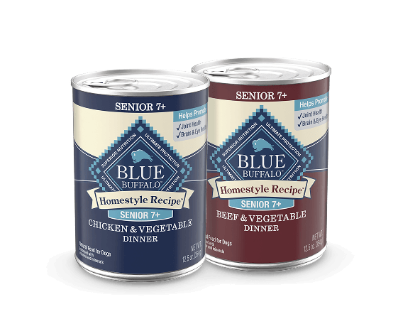 Two Blue Buffalo Homestyle Recipe Senior 7+ wet dog food cans: Chicken & Vegetable Dinner and Beef & Vegetable Dinner