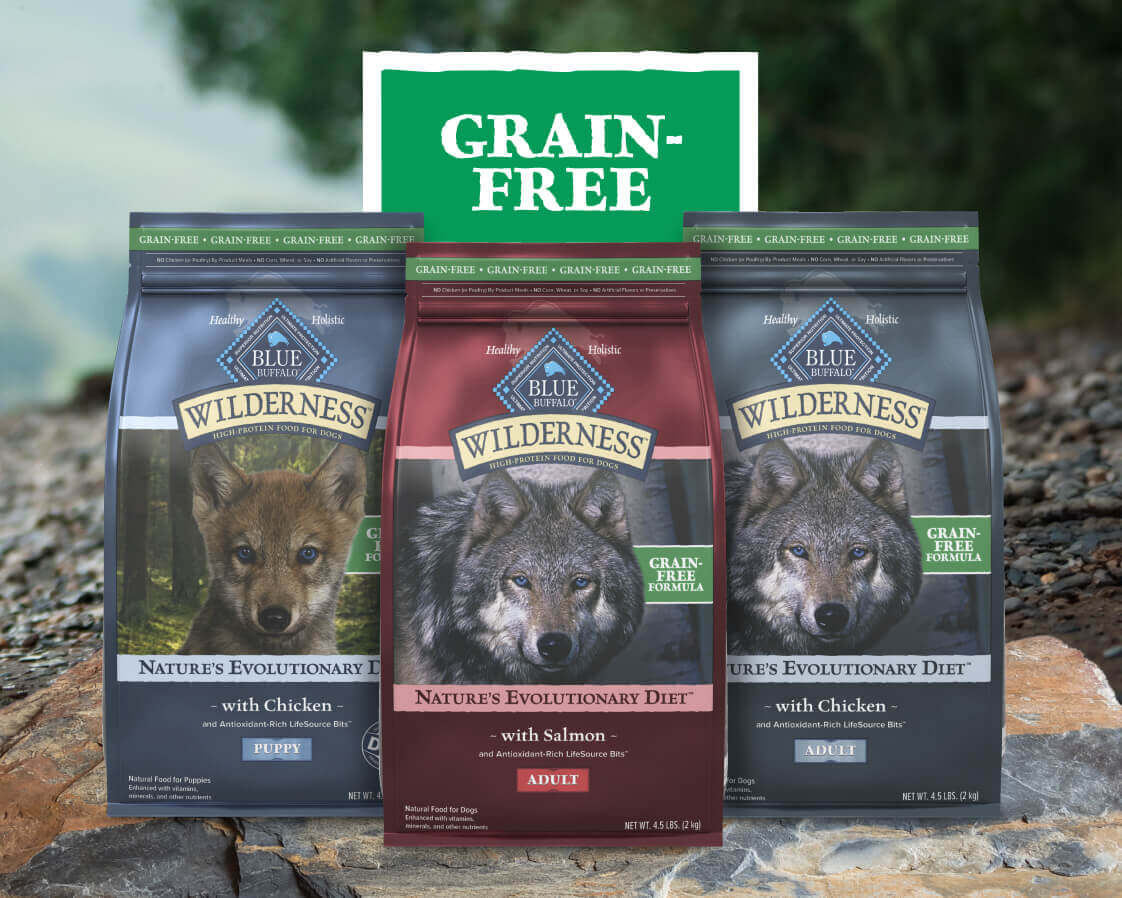Three bags of Blue Wilderness dog food against an outdoor background. Text reads "Grain-Free" at the top.