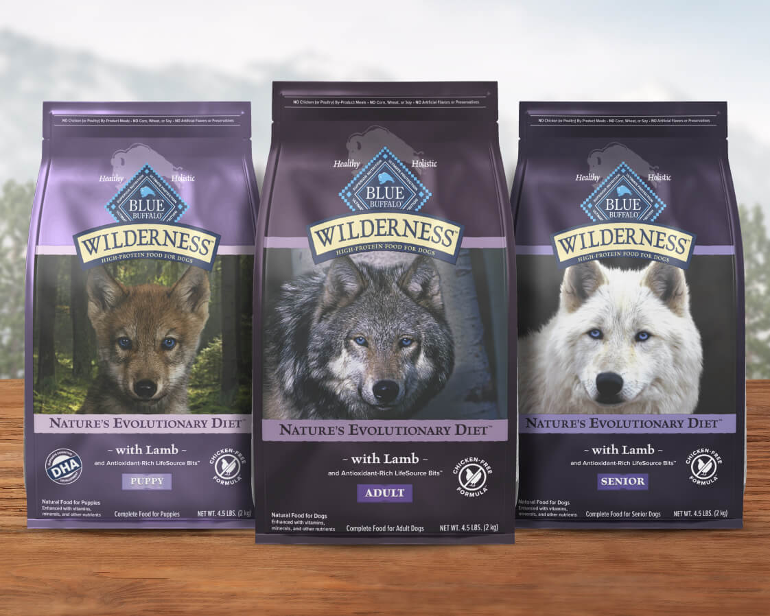 Three bags of BLUE Wilderness Lamb recipe dog food for puppies, adult dogs, and senior dogs are sitting outside.
