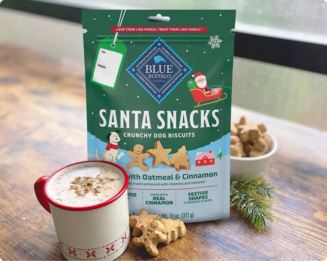 Santa Snacks dog biscuits packaging with oatmeal and cinnamon, cup of drink beside