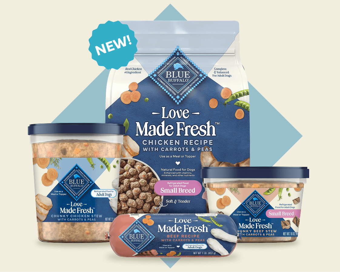 Love Made Fresh" dog food products for small breeds, featuring assorted recipes for your furry companion.