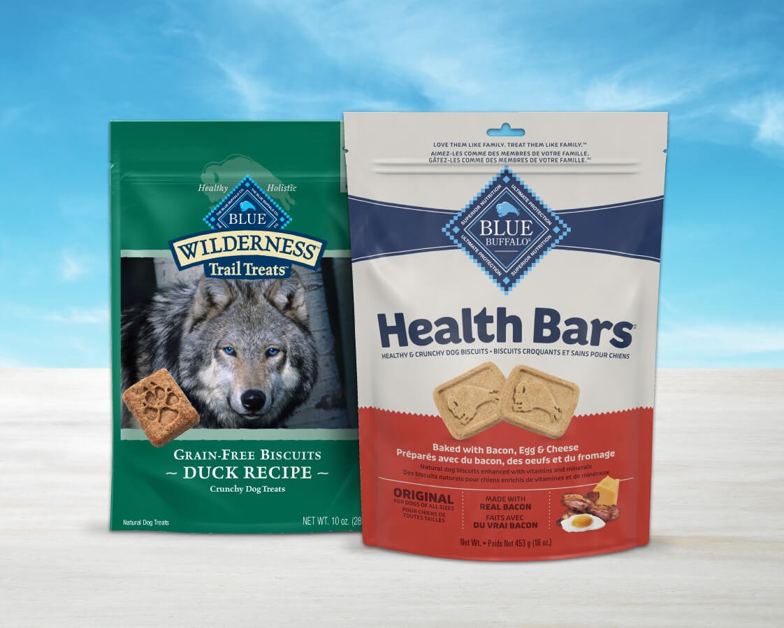 Two bags of Blue Buffalo dog treats, one Wilderness Trail Treats with Duck, the other Health Bars with Bacon, Egg & Cheese, in front of a sky-blue background.
