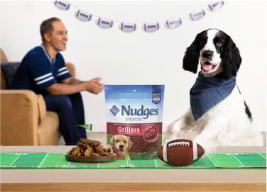 A man watches a football game as a dog sits near a table where a football sits next to BLUE Nudges Grillers, some in packaging and some out.