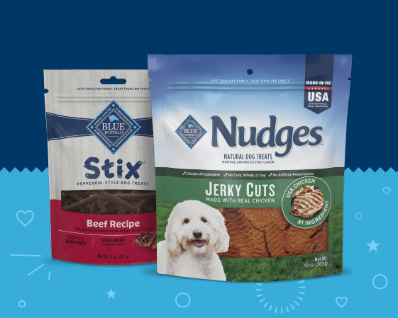 Blue Buffalo Stix and Nudges dog treats.