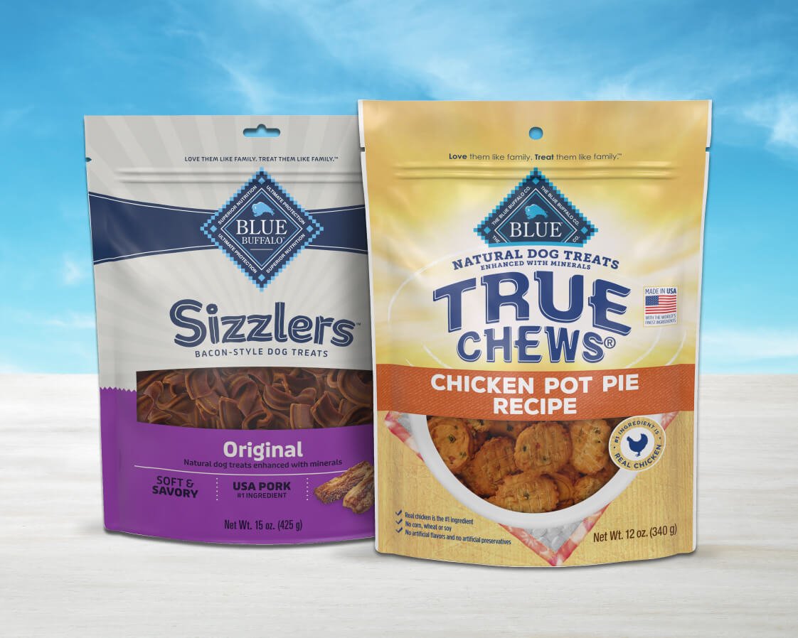 Bags of Blue Sizzlers and True blue Chews Dog Treats