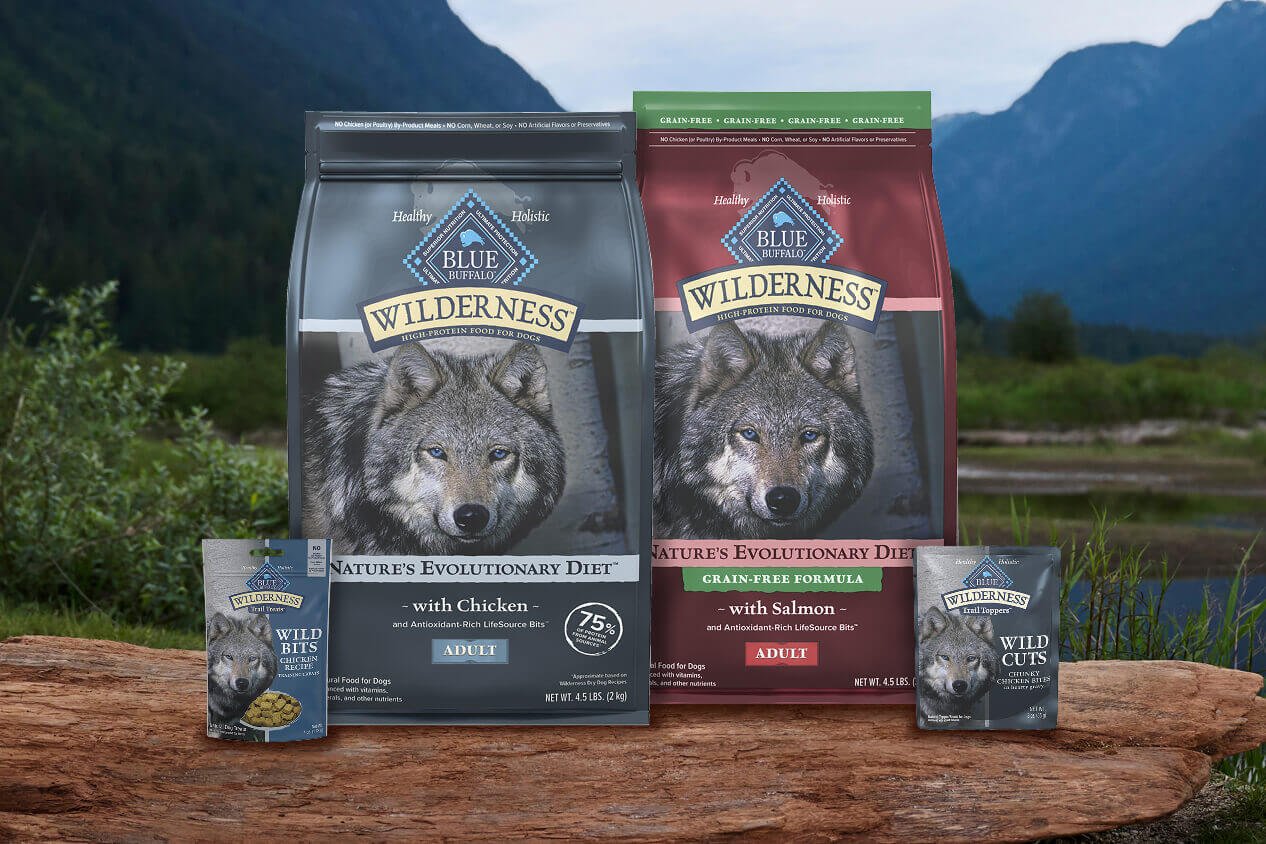 Bags of BLUE Wilderness dog foods and treats sit on a rock with a beautiful landscape in the background.