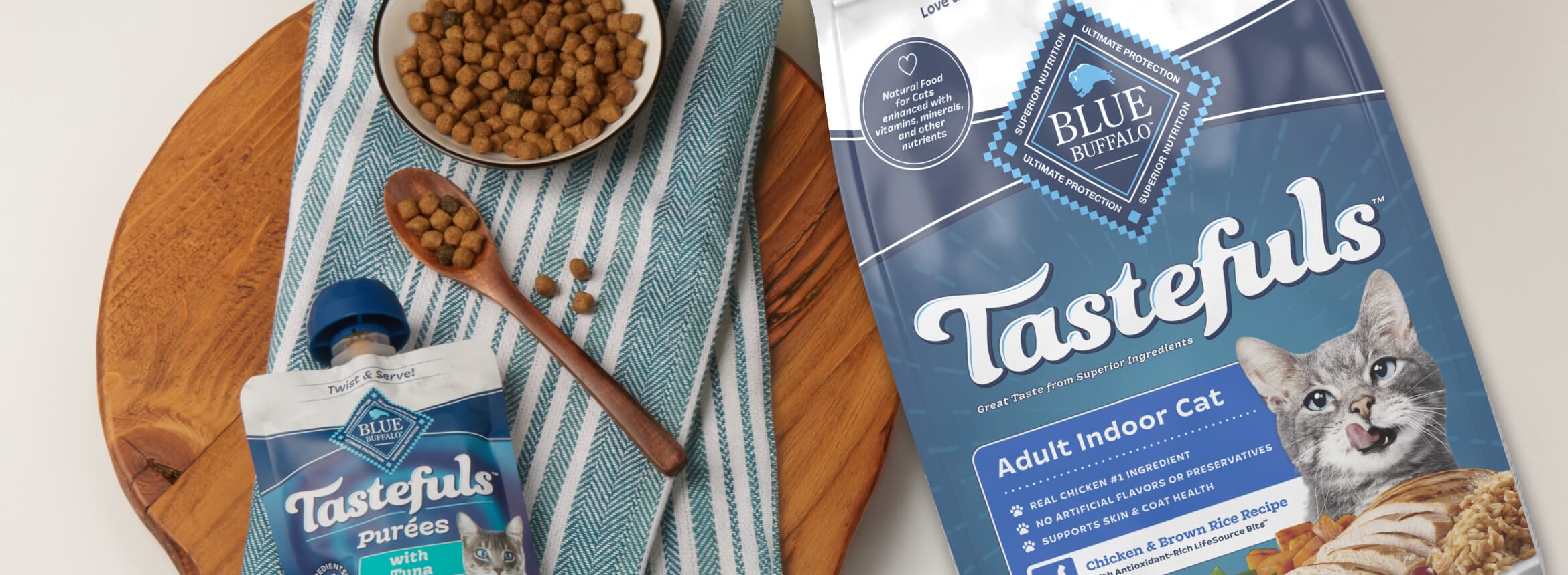 Blue Buffalo cat food featuring a Chicken & Seafood Soufflé recipe using Blue Buffalo Cat food