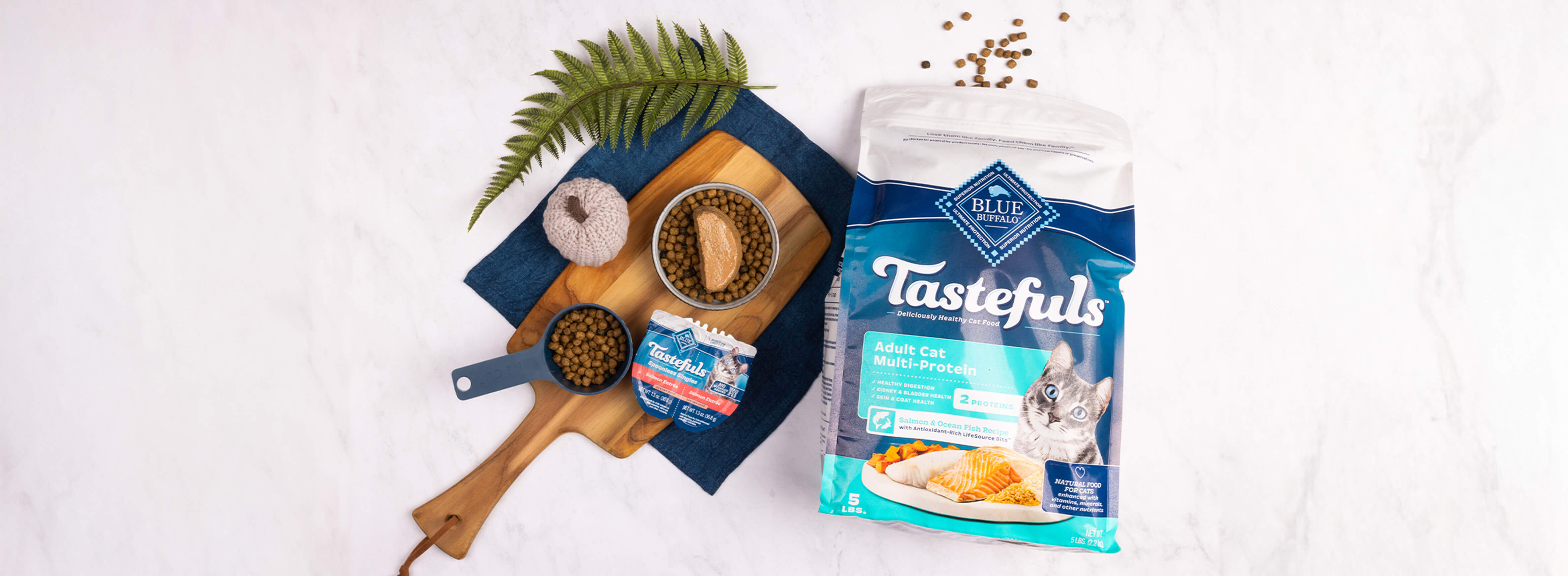 The recipe using a measuring cup of Tastefuls dry cat food, Tastefuls Spoonless Singles wet cat food, and a bowl. 