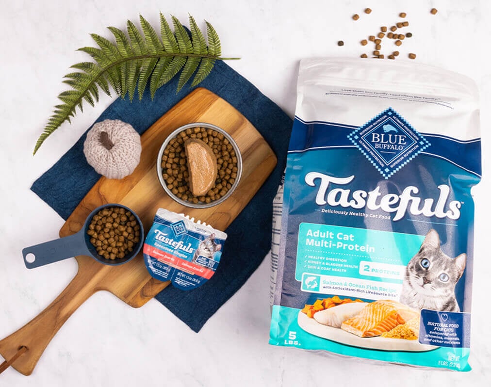 The recipe using a measuring cup of Tastefuls dry cat food, Tastefuls Spoonless Singles wet cat food, and a bowl. 