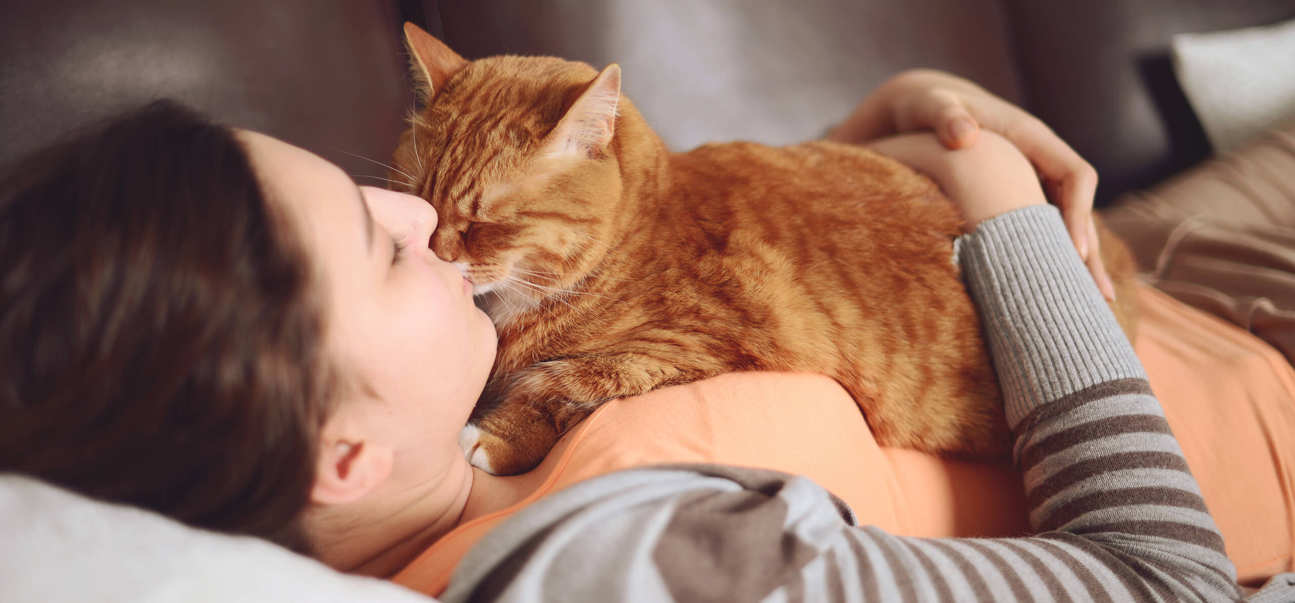 owner laying on her back cuddling with cat atop