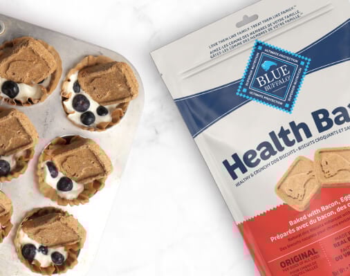 Blue Buffalo Health Bars Bacon, Egg & Cheese dog biscuits in a muffin