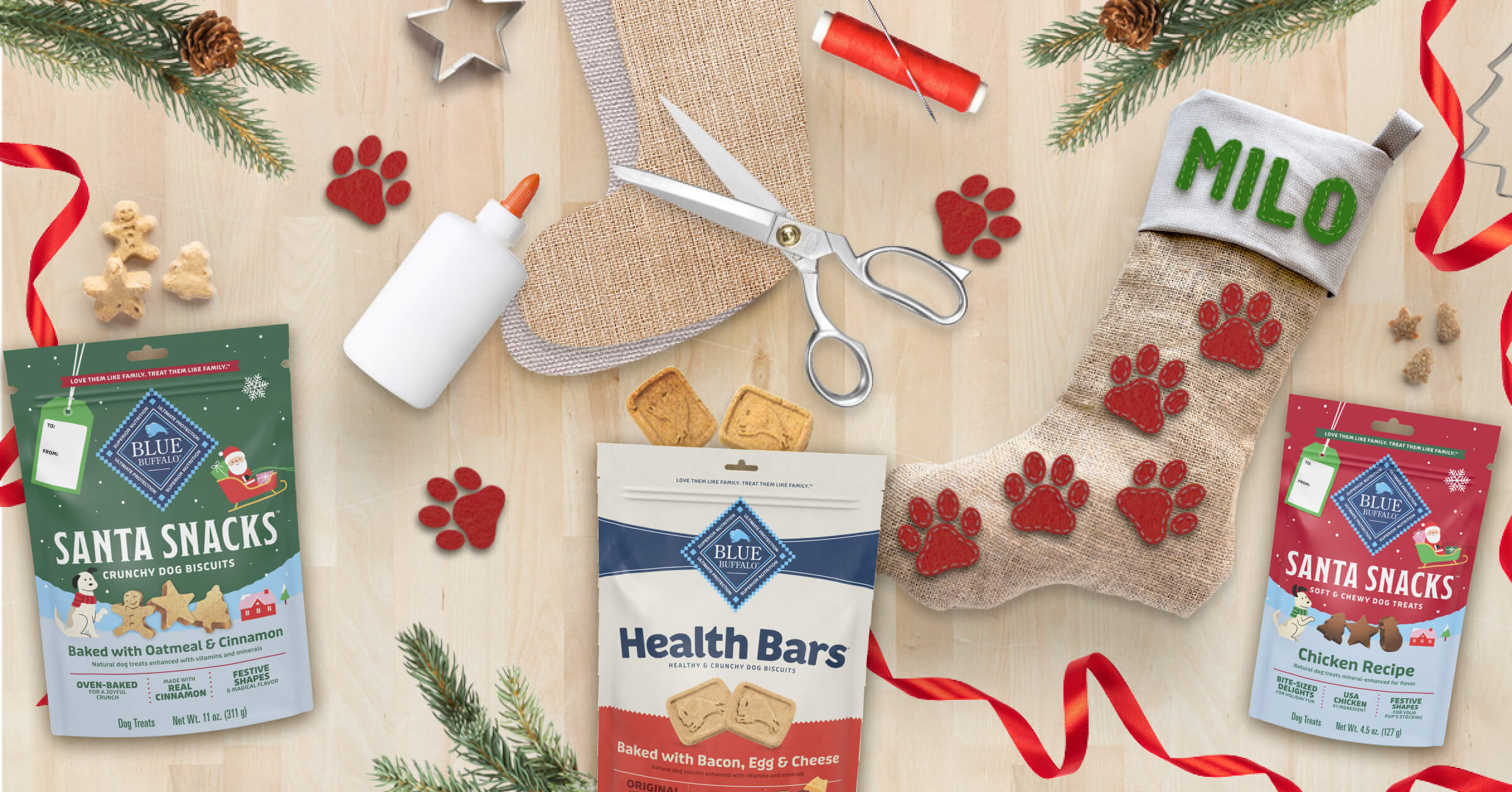 Dog treat packages, stocking labeled 'Milo', scissors, glue, and red ribbon on wooden surface.