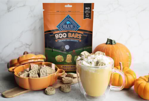 A bag of BLUE Boo Bars Pumpkin & Cinnamon Mini Biscuits pumpkin spice gummies next to a bowl of pumpkin spice ice cream, highlighting seasonal treats for fall.