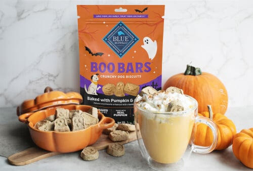 A bag of BLUE Boo Bars Pumpkin & Cinnamon Mini Biscuits pumpkin spice gummies next to a bowl of pumpkin spice ice cream, highlighting seasonal treats for fall.