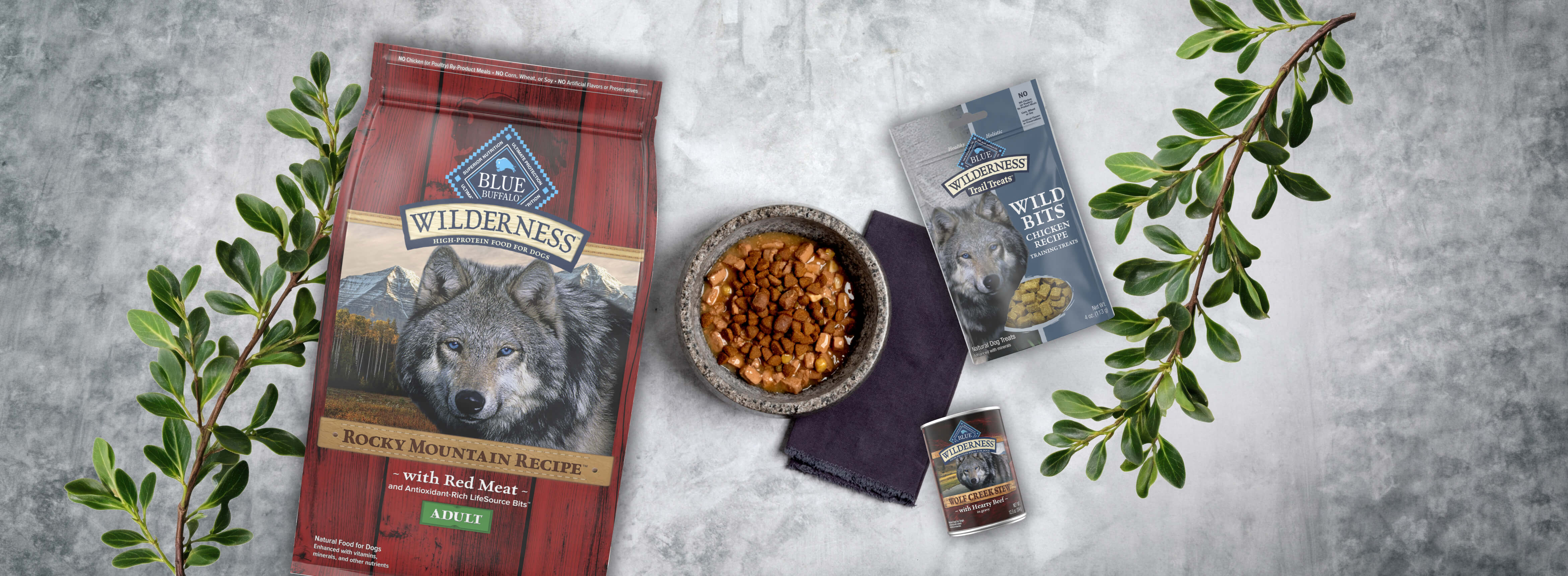 Blue Wilderness dog food bag, bowl of kibble, treat pouch, and can, arranged with greenery on a gray background.