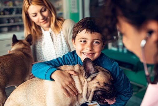 image of dog with kid and mom