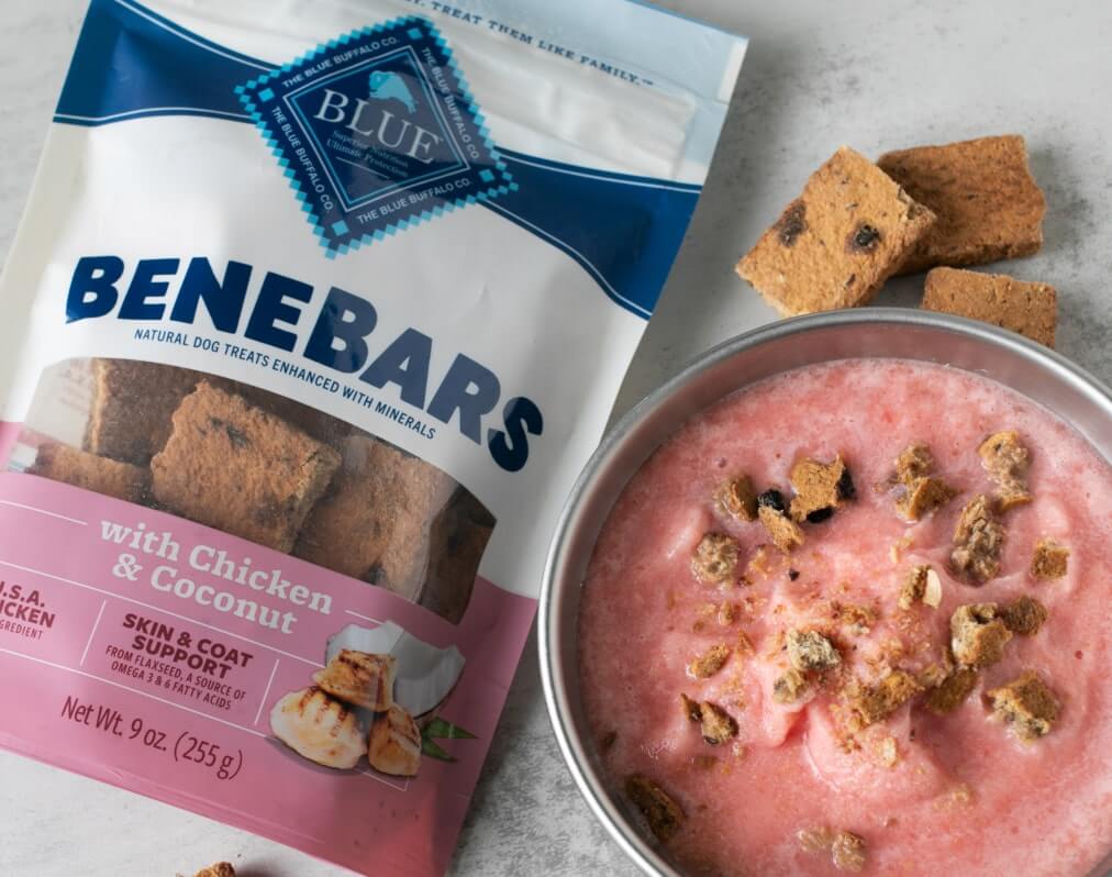 A package of Blue Buffalo Benebars Chicken & Coconut flavor dog treats next to a bowl of pink dog food with treats sprinkled on top.