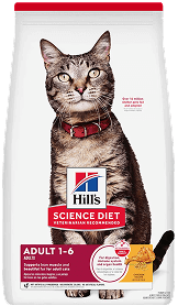 Bag of Hill's Science Diet Adult 1-6 dry cat food with a tabby cat wearing a red collar on the front.