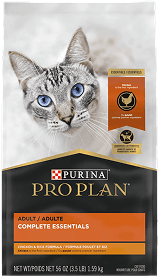 A bag of Purina Pro Plan Adult Complete Essentials cat food for adult cats featuring a gray cat.